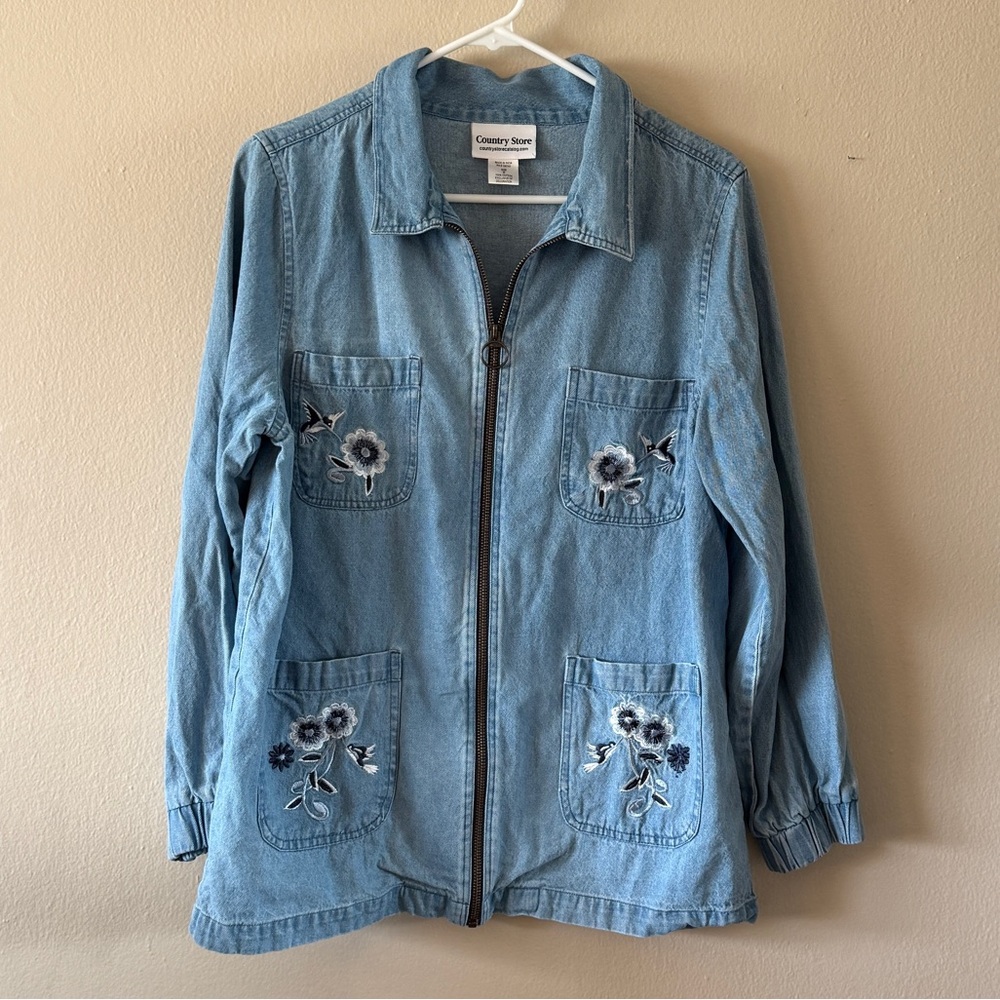 Country Store 100% Cotton Embroidered Hummingbird Zip Jacket size M Coastal